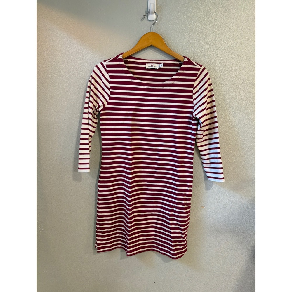 Vineyard‎ Vines T-Shirt Dress Women XS Burgundy White Striped 3/4 Sleeve Cotton